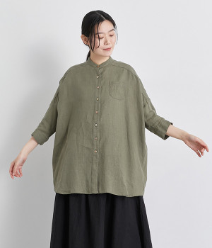フレンチリネンスタンドカラービッグシャツ(カーキ-ONESIZE)