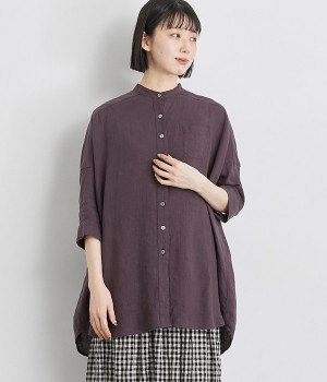 フレンチリネンスタンドカラービッグシャツ(パープル-ONESIZE)