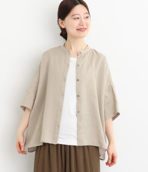 リトアニアリネンスタンドカラーブラウス(グレー-ONESIZE)