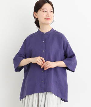 リトアニアリネンスタンドカラーブラウス(パープル-ONESIZE)