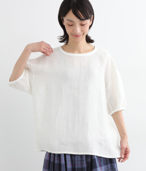 ジャパンリネンクールネックブラウス(オフホワイト-ONESIZE)