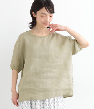 ジャパンリネンクールネックブラウス(カーキ-ONESIZE)