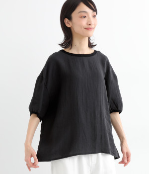 ジャパンリネンクールネックブラウス(ブラック-ONESIZE)