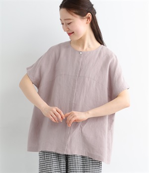 リネンノーカラー切替ブラウス(ピンク-ONESIZE)