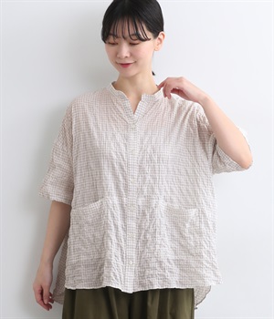 シャーリングコットンチェック半袖シャツ(オフホワイト-ONESIZE)