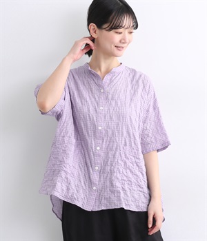 シャーリングコットンチェック半袖シャツ(ライラック-ONESIZE)