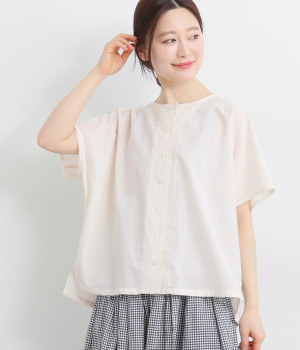 コットンローンクルーネック前あきブラウス(オフホワイト-ONESIZE)