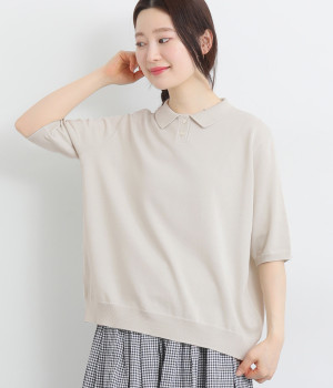 強撚コットン襟付き5分袖プルオーバー(ライトグレー-ONESIZE)