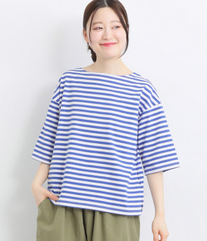 コットン度詰めボーダーボートネックプルオーバー(ブルー-ONESIZE)