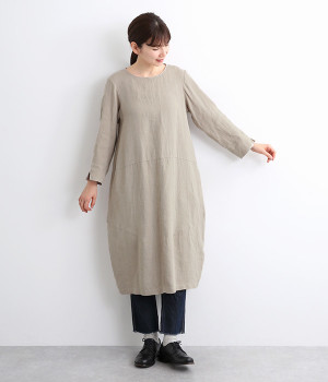 リトアニアリネン9分袖バルーンワンピース(グレー-ONESIZE)
