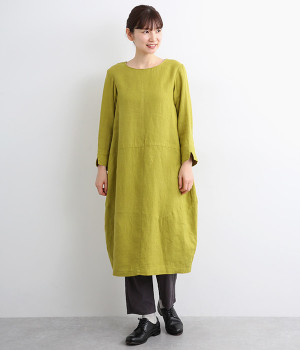 リトアニアリネン9分袖バルーンワンピース(ライトグリーン-ONESIZE)