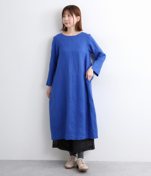 リトアニアリネン9分袖バルーンワンピース(ブルー-ONESIZE)