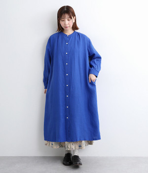 リトアニアリネン前あきタックワンピース(ブルー-ONESIZE)