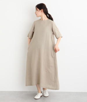 リトアニアリネン後あき5分袖ワンピース(グレー-ONESIZE)