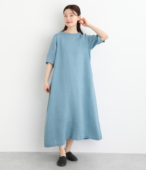 リトアニアリネン後あき5分袖ワンピース(サックス-ONESIZE)
