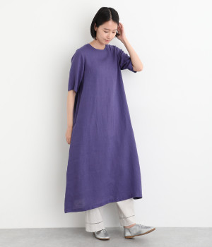 リトアニアリネン後あき5分袖ワンピース(パープル-ONESIZE)