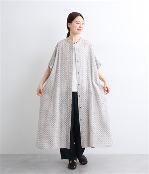 リップルドットスタンドカラーフレアワンピース(グレー-ONESIZE)