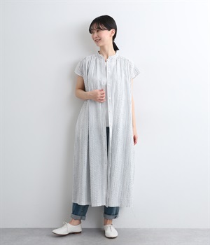 コットンリップルストライプギャザーワンピース(ライトグレー-ONESIZE)