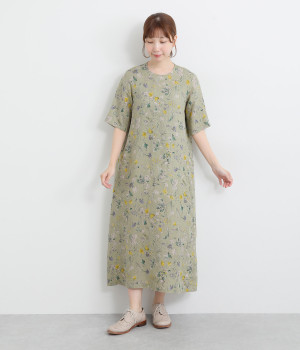 リネンフラワー後ろあき5分袖ワンピース(ライトグリーン-ONESIZE)