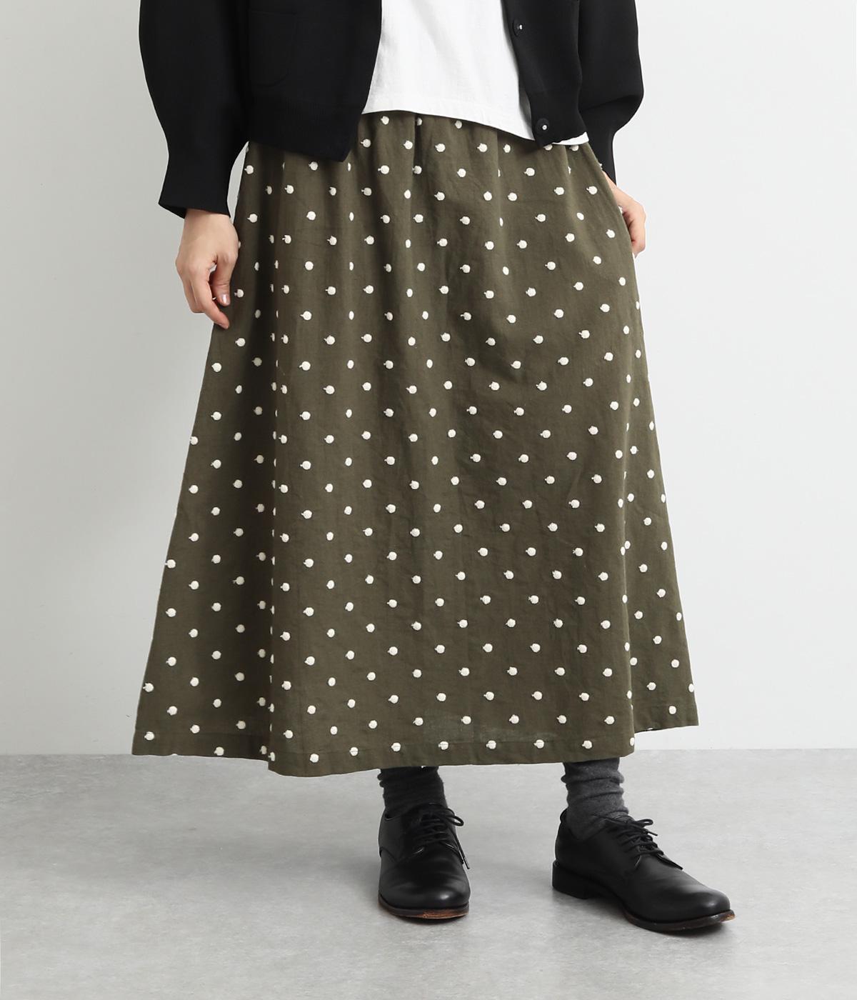 コットンリネンドット刺繍Aラインスカート(カーキ-F)
