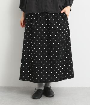 コットンリネンドット刺繍Aラインスカート(ブラック-F)