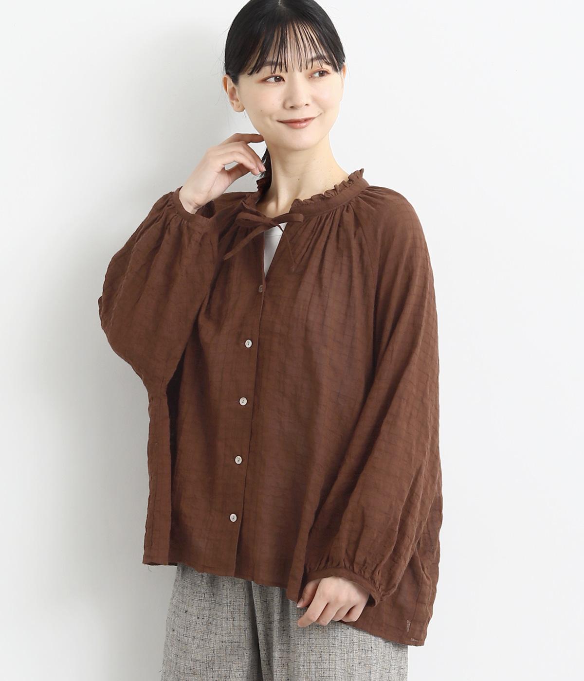 コットンシャーリングギャザーブラウス(ブラウン-F)