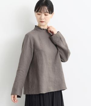 リトアニアリネン後ろあきフリルブラウス(チャコールグレー-F)