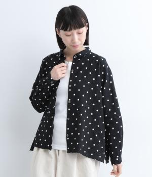 コットンリネンドット刺繍ちび襟ブラウス(ブラック-F)