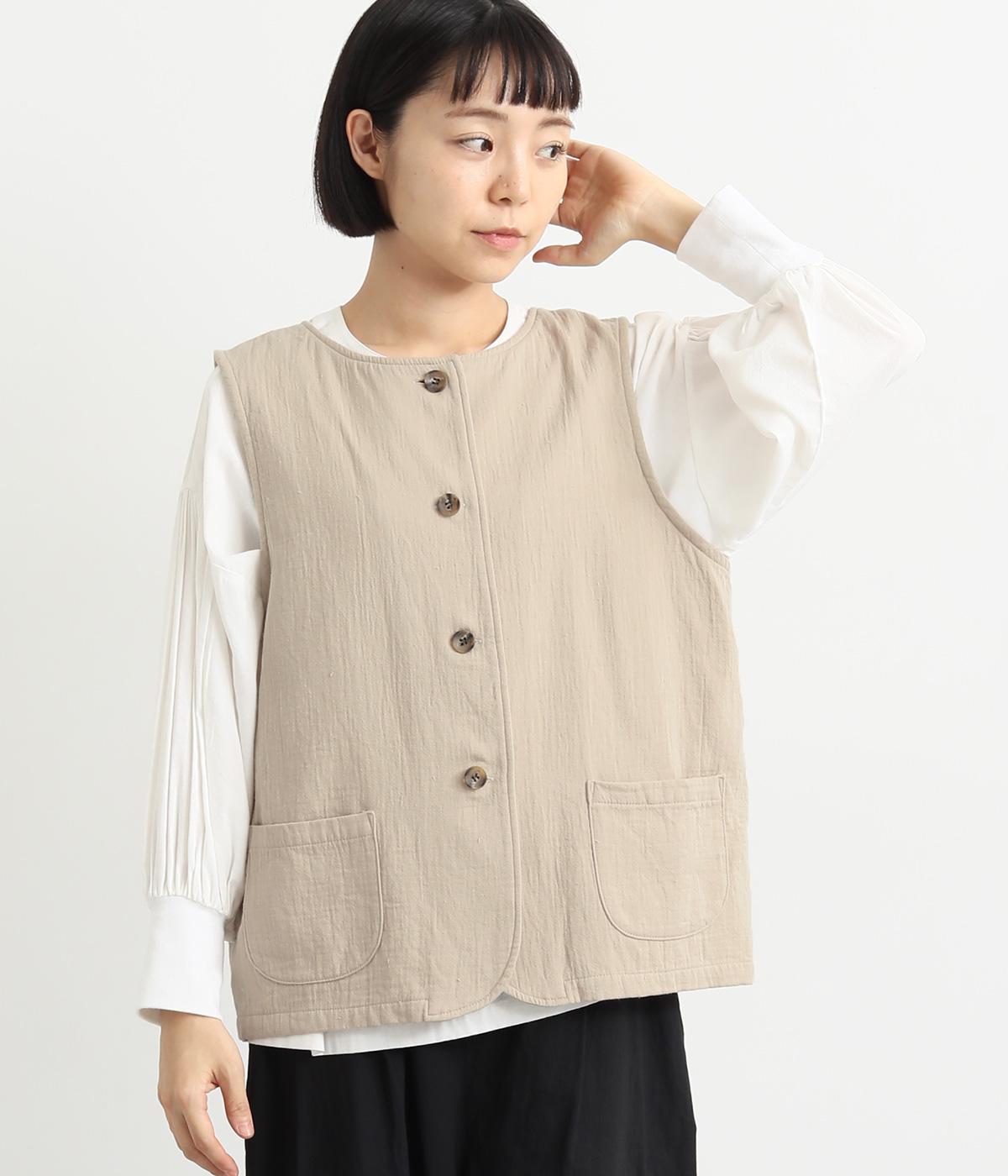 コットン二重織ツイルベスト(ベージュ-F)