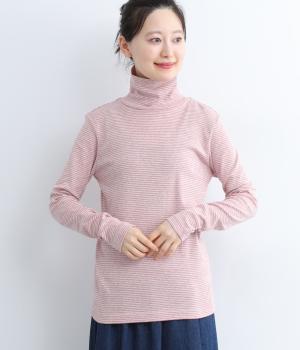 オーガニックフライスボーダーハイネックプルオーバー(ピンク-F)