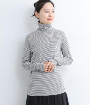 オーガニックフライスボーダーハイネックプルオーバー(チャコールグレー-F)