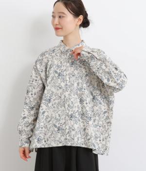 コットンビエラ綾織起毛糸目花ちび襟ブラウス(ブルー-F)