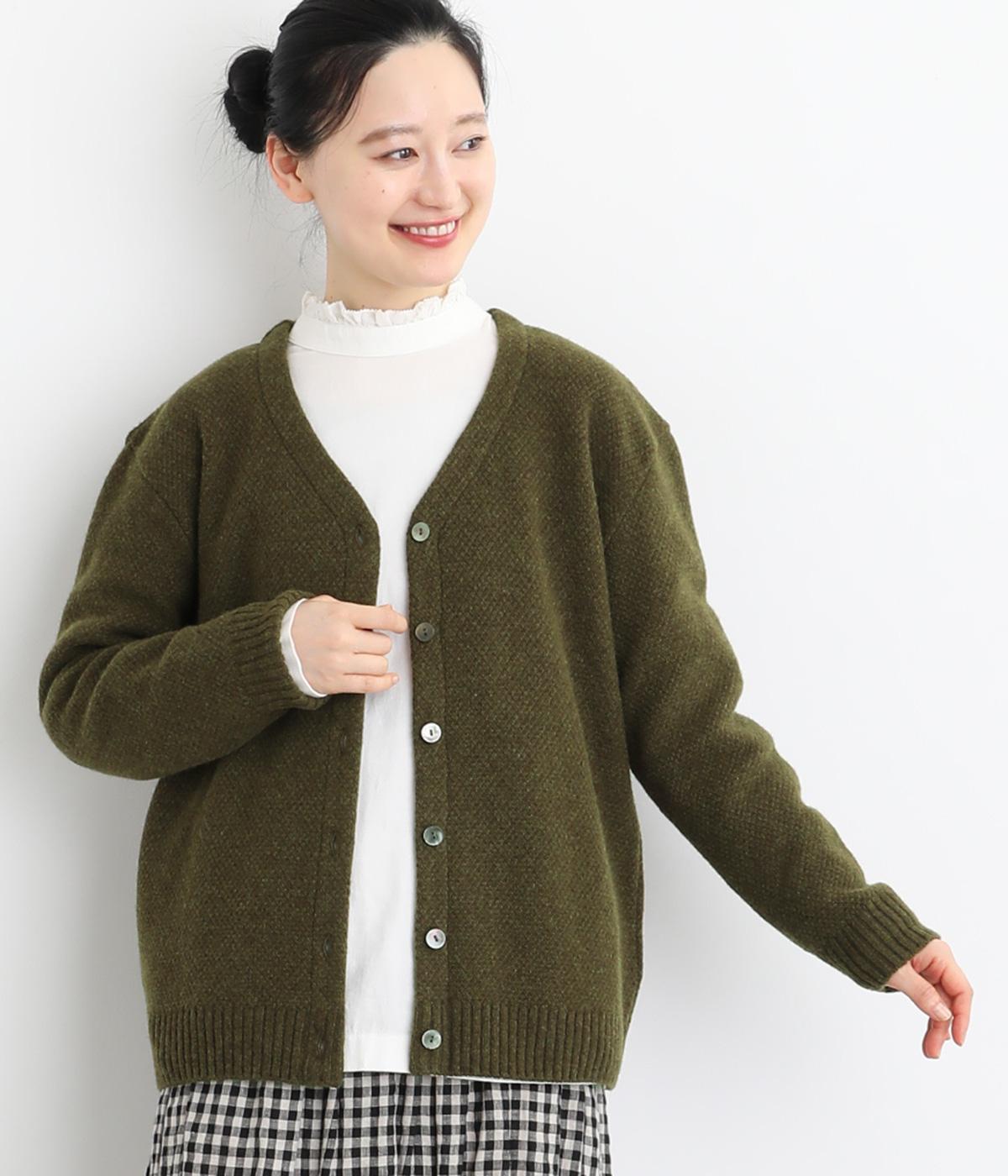 タスマニアラムウール鹿の子編みVネックカーディガン(カーキ-F)