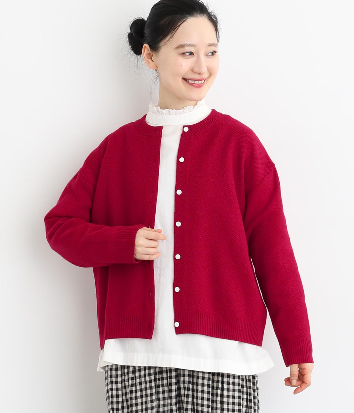 ファインメリノウール鹿の子編み丸首カーディガン(レッド-F)