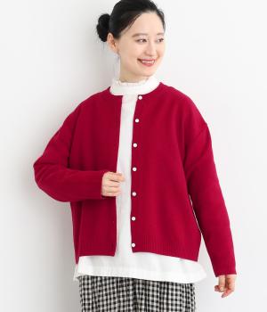 ファインメリノウール鹿の子編み丸首カーディガン(レッド-F)