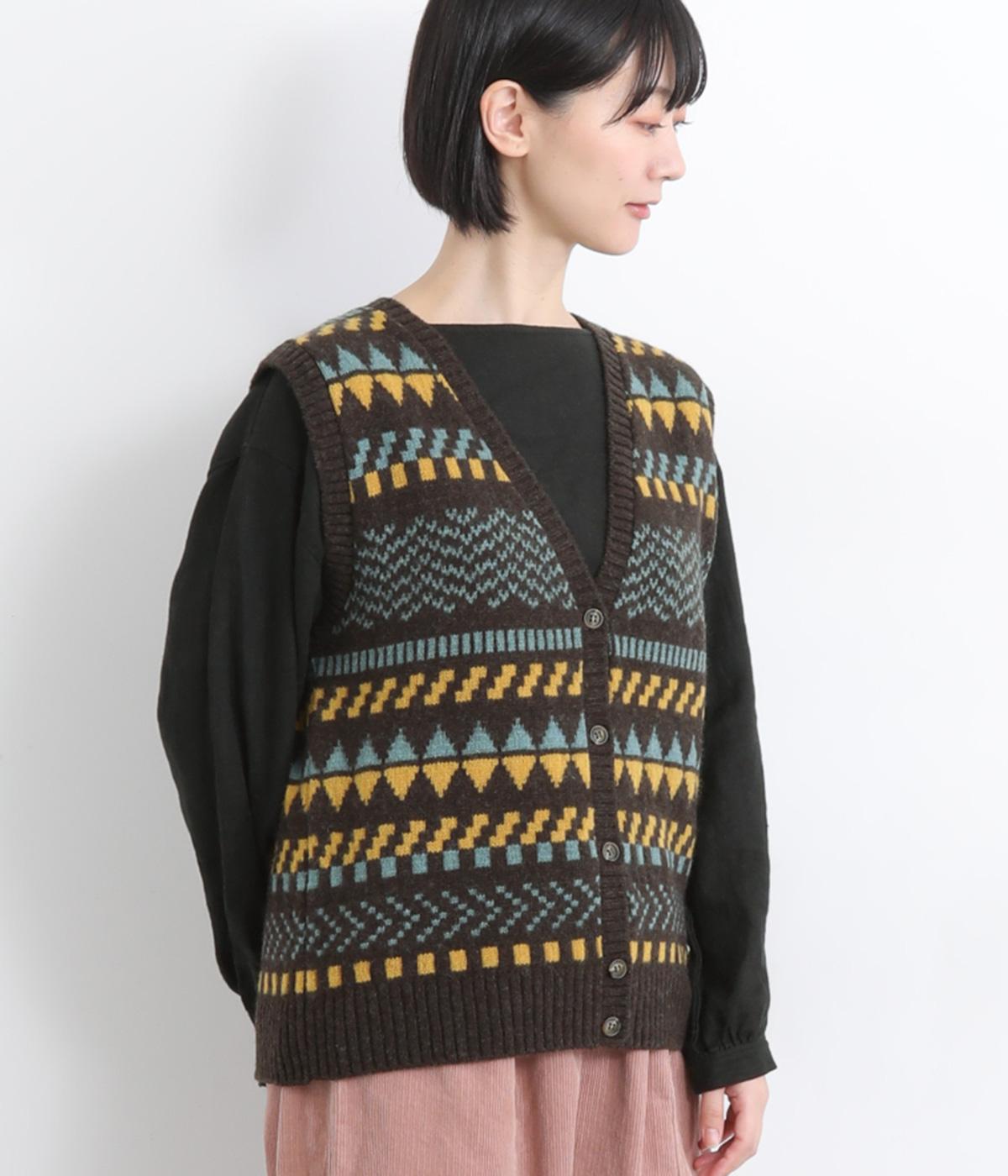 ウールジャカードVネックベスト(コゲチャ-F)