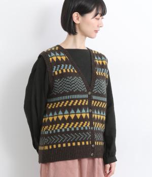 ウールジャカードVネックベスト(コゲチャ-F)