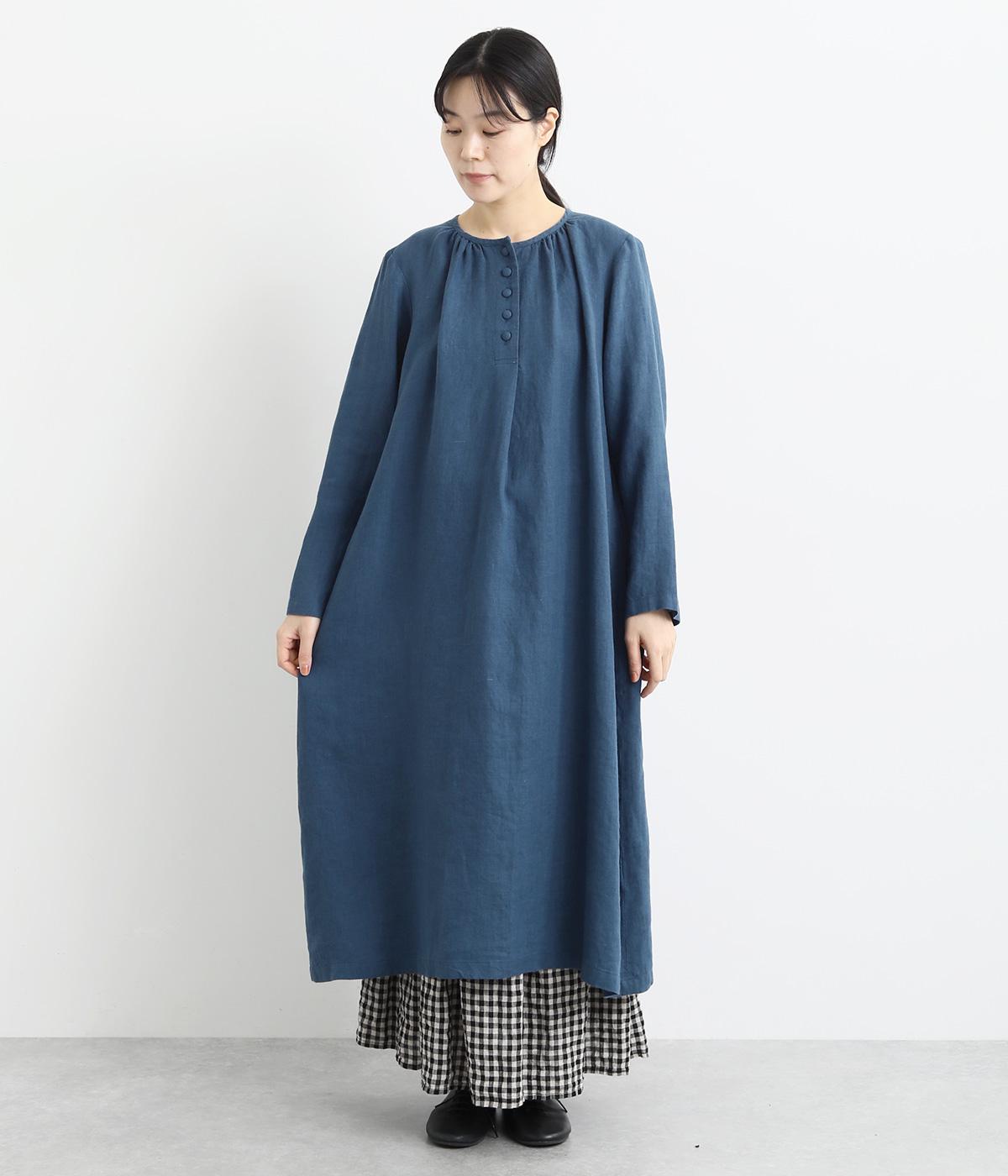 リトアニアリネンくるみ釦ノーカラーギャザーワンピース(ネイビー-F)