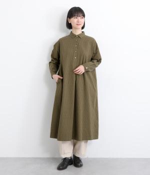 コットンビエラチェック襟付きワンピース(カーキ-F)