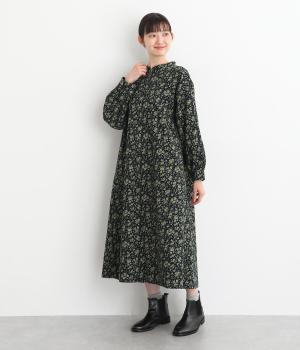 コットンコーデュロイ糸目小花柄ワンピース(ネイビー-F)