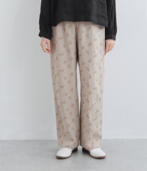 リネンオリーブ刺繍イージーパンツ(ベージュ-F)