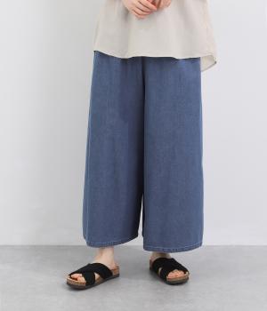 コットンデニムワイドパンツ　ブリーチ加工(ブルー-ML)