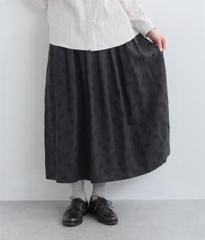 リネンオリーブ刺繍タックスカート(クロ-F)