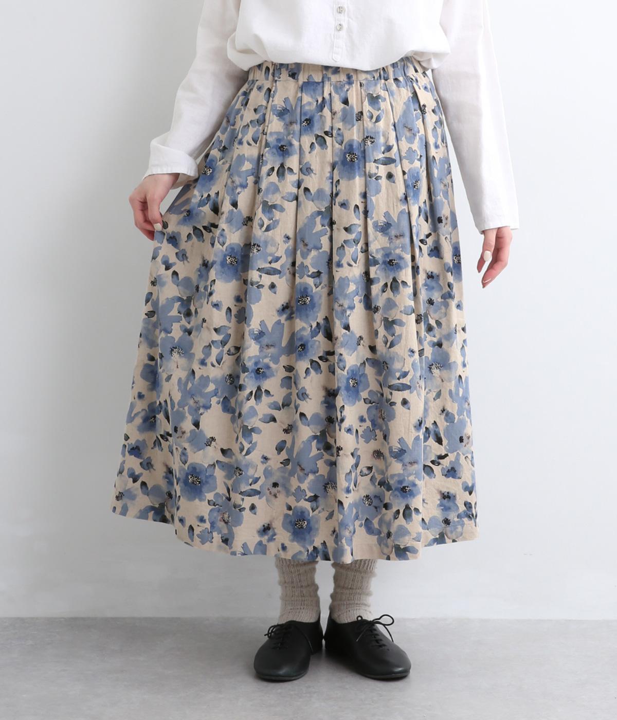 リネンコットンフラワータックスカート(ネイビー-F)