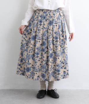 リネンコットンフラワータックスカート(ネイビー-F)