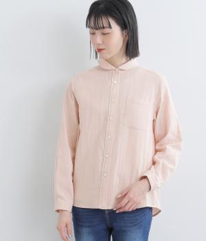 コットンガーゼオリーブオイル仕上げラウンドカラーシャツ(ピンク-F)