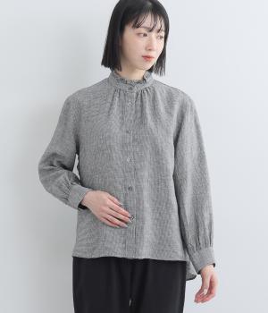 リトアニアリネン千鳥柄フリルブラウス