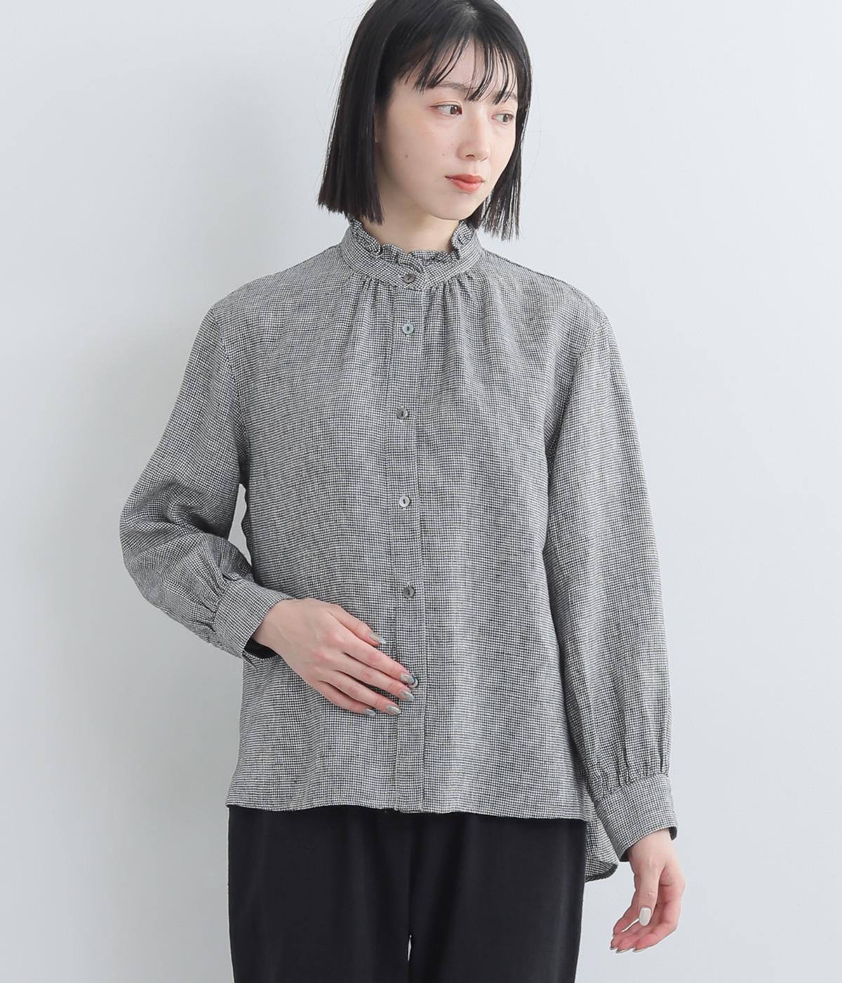 リトアニアリネン千鳥柄フリルブラウス(チドリ-F)
