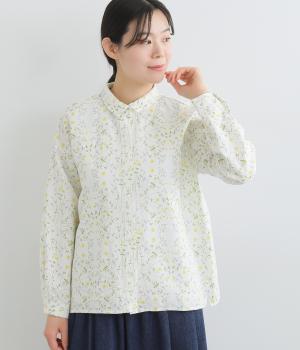 リトアニアフラワープリントオリーブオイル仕上げちび襟ブラウス(イエロー-F)