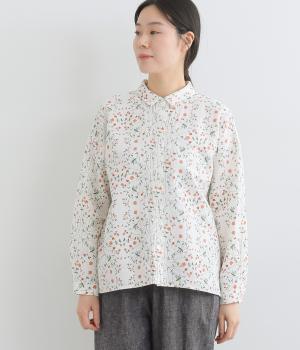 リトアニアフラワープリントオリーブオイル仕上げちび襟ブラウス(オレンジ-F)